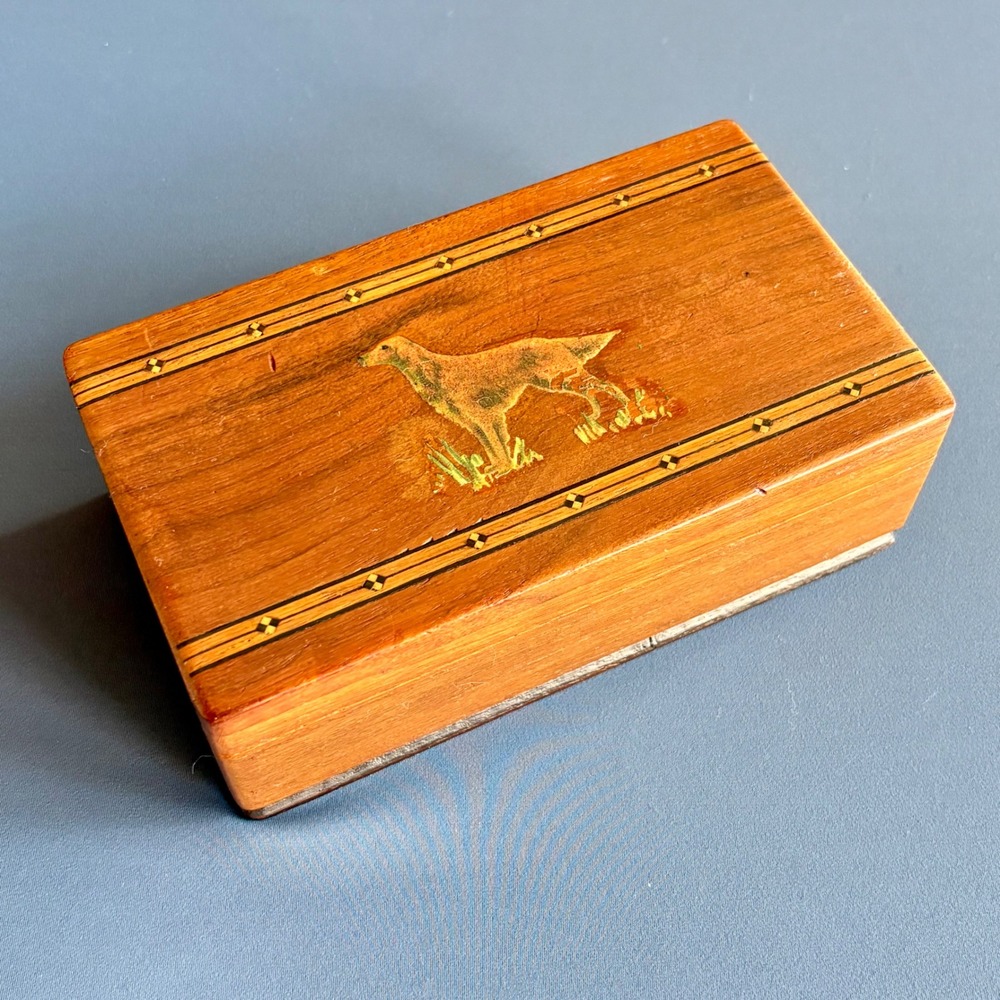 Art Deco Inlaid Wood Hunting Dog Trinket Box | Irish Setter | 1930s Vintage |